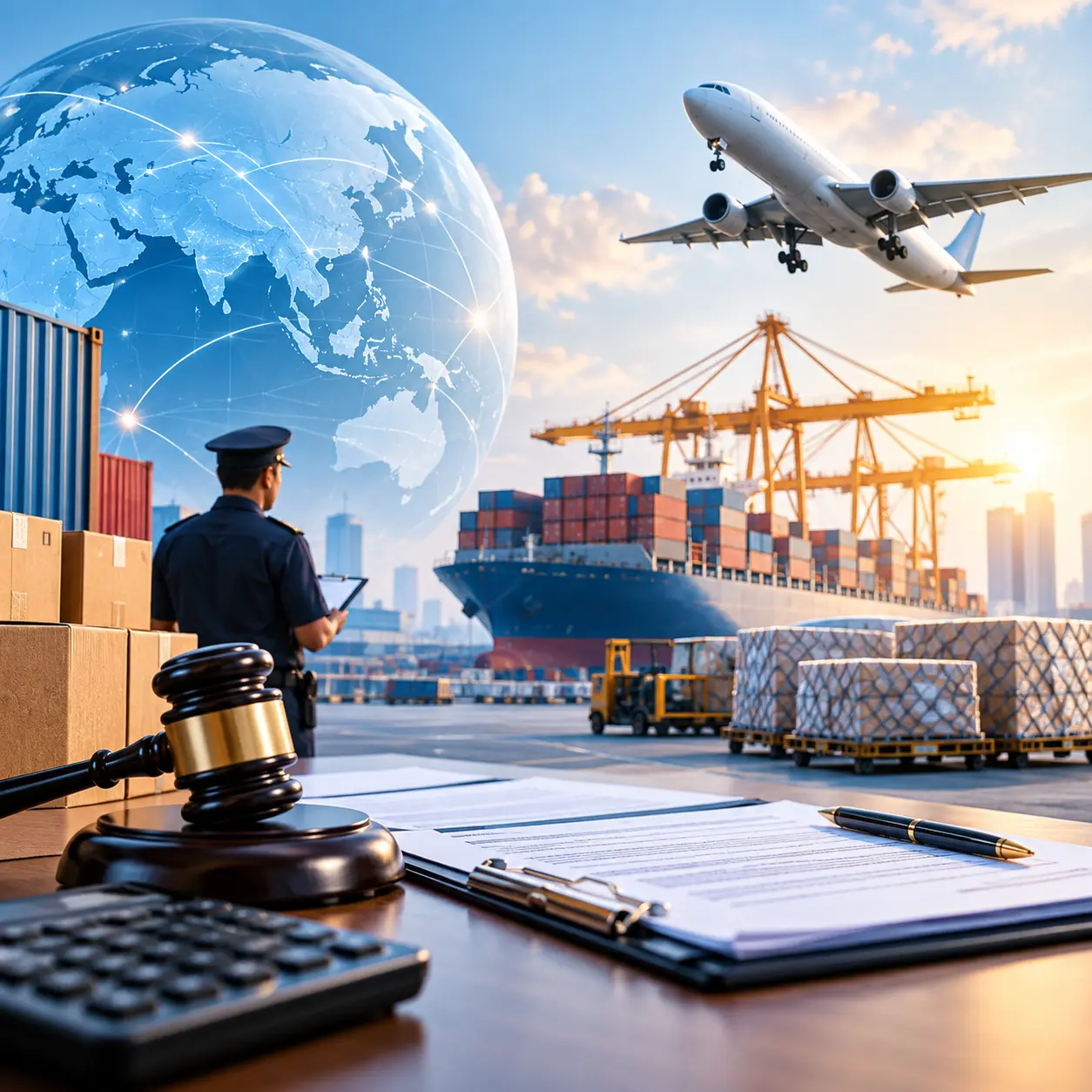 Container vessel undergoing customs inspection at seaport terminal