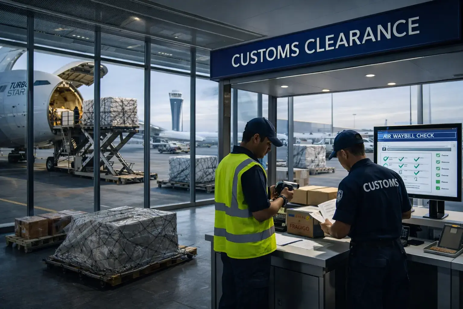 Air freight customs clearance at airport cargo terminal